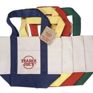SET OF 4 Trader Joe's Mini Canvas Tote Bags BLUE RED GREEN YELLOW Holidays LIMIT